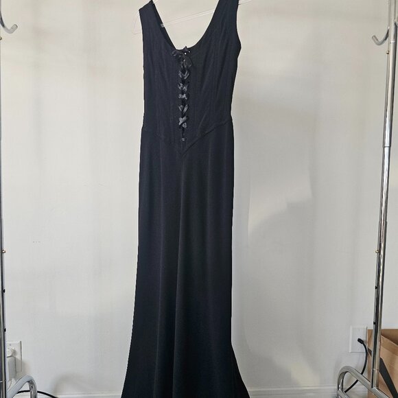 Lauren Ralph Lauren Fluted Black Evening Gown w/Sweep Train + Lace-Up Bustier - Picture 1 of 9